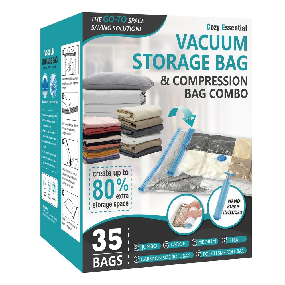 Cozy Essential Vacuum Storage Bags, 80% Compression Combo, Transparent