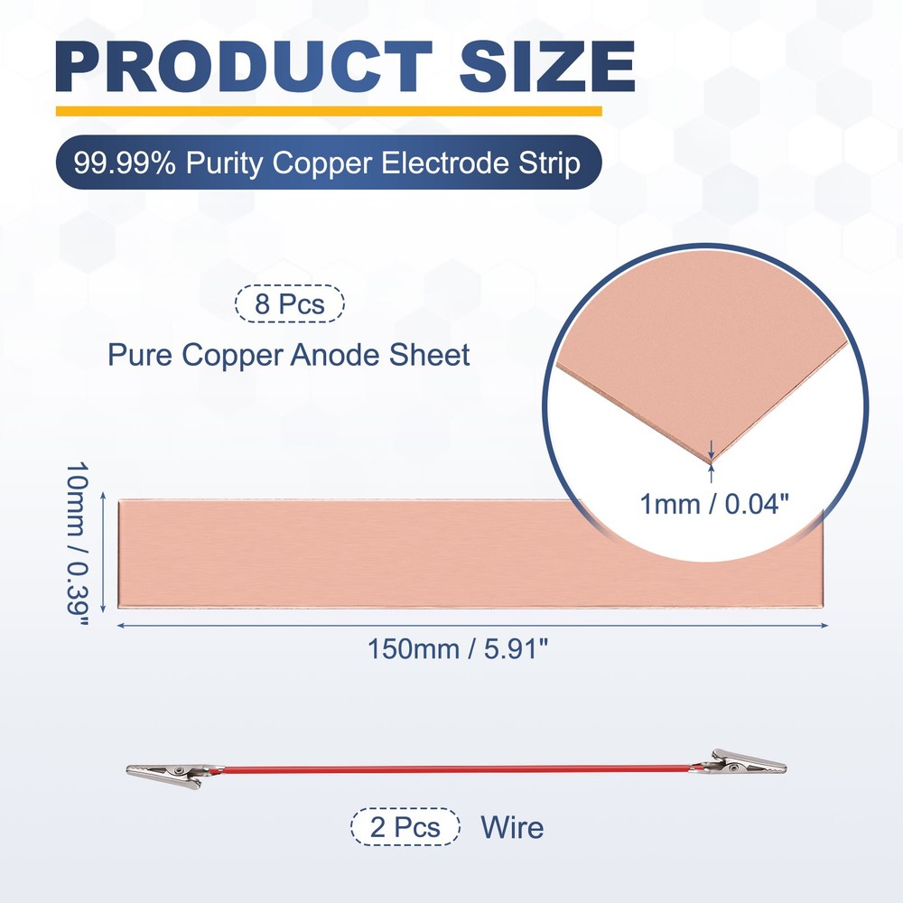 10x150mm Pure Copper Anode Sheet, 8 Pack 99.995% Pure Copper Electrode Plates