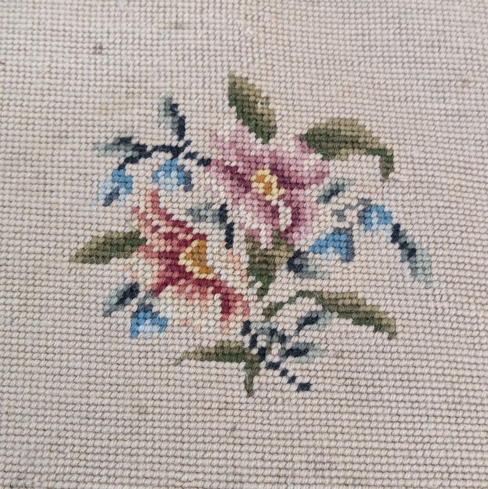 Vintage Floral Pattern Needlepoint Foot Stool Wood Rectangular 14"x12"x8"
