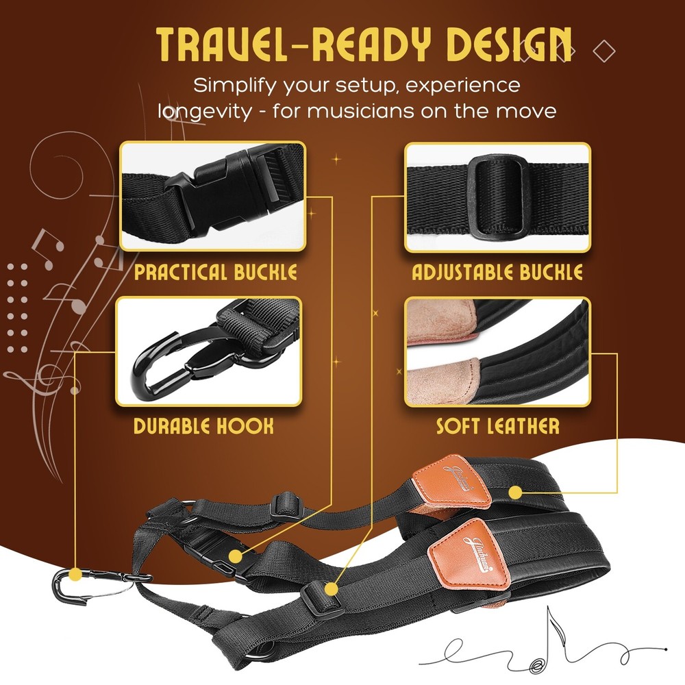 Professional Saxophone Shoulder Strap w/ Adjustable Chest Harness Design, Black