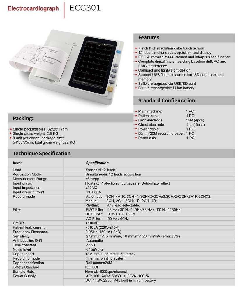 7-inch touchscreen ECG machine, 3-channel, 12-lead, with PC software