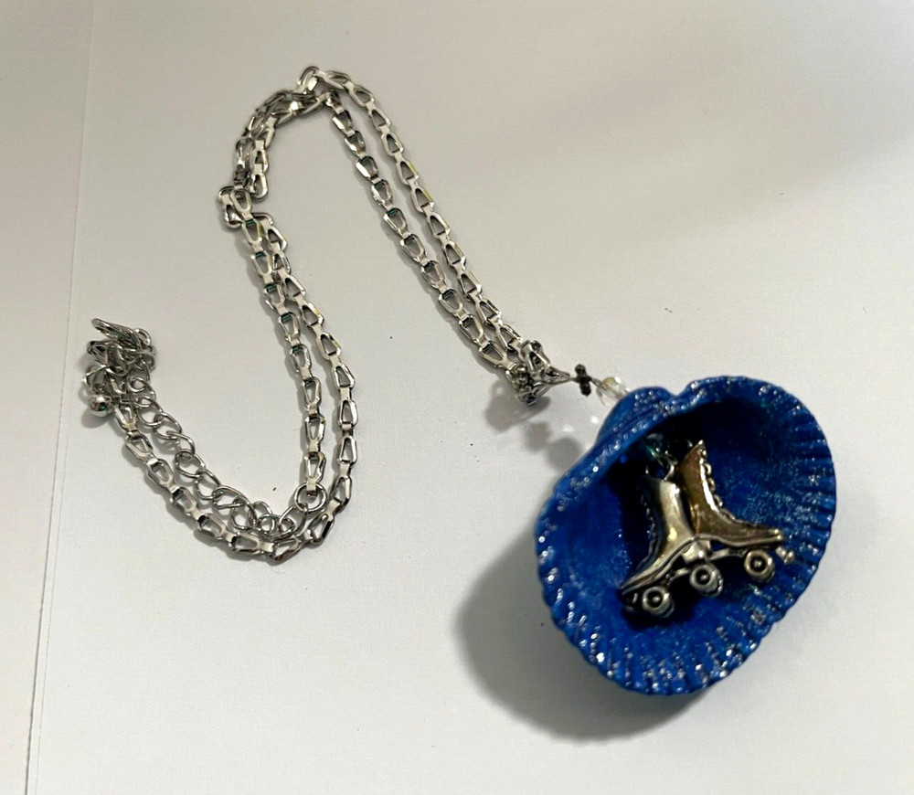 Handmade Art Rollerskates Seashell Necklace 18" chain gift blue rollergirl fun