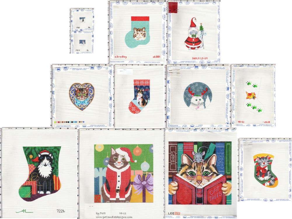 CHOICE: Custom Painted NEEDLEPOINT Canvas CATS Christmas Stocking Heart