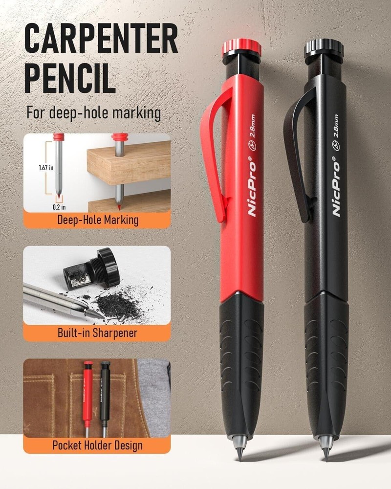 Mechanical Carpenter Pencils Set with 26 Marker Refillsdeep Hole Marker Const