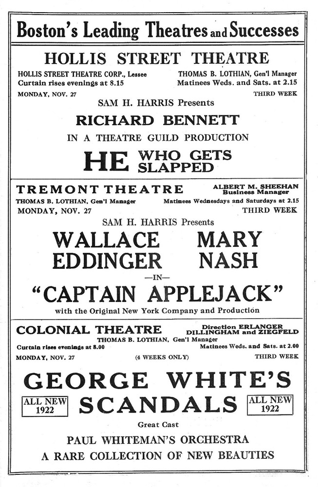 Richard Bennett "HE WHO GETS SLAPPED" Leonid Andreyev 1922 Boston Program