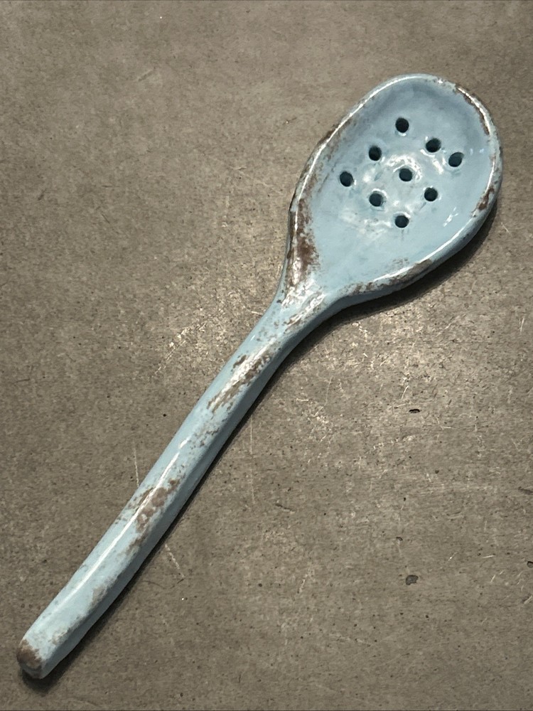 Handmade Rustic Sky Blue With Brown Pottery Serving Spoon