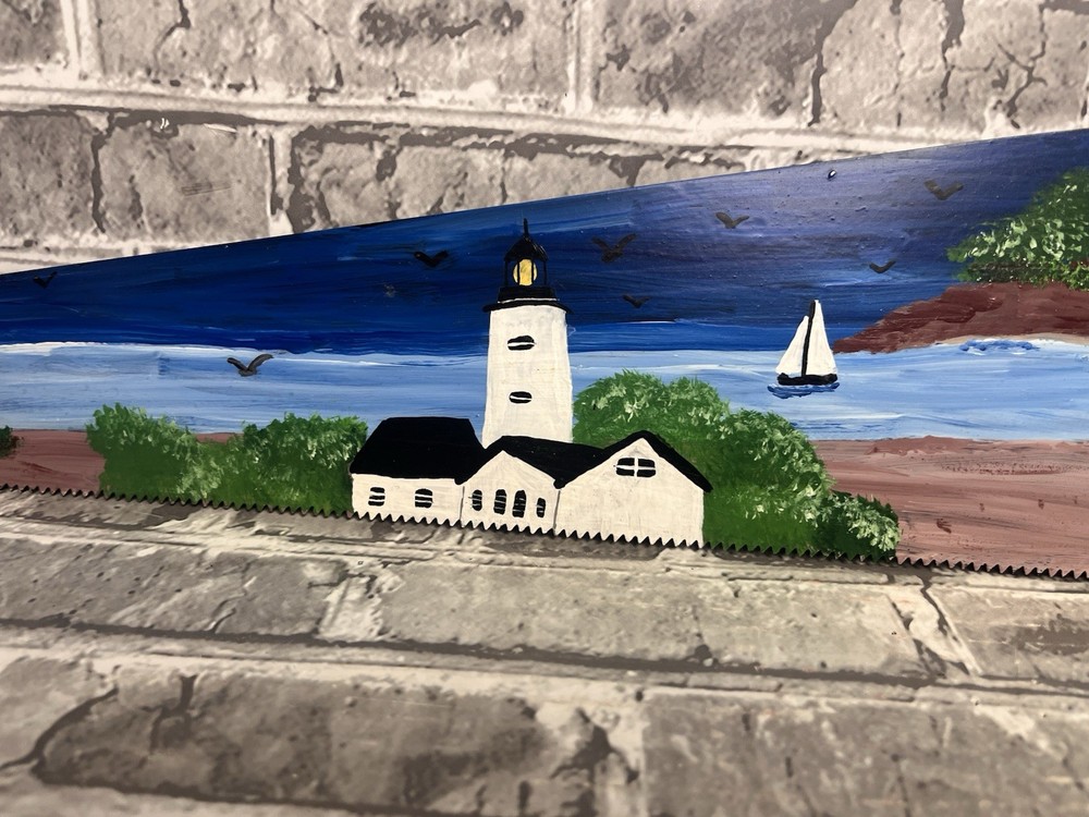 Hand Painted Hand Saw Folk Art Lighthouse Seaside Primitive Rustic Decor 24”