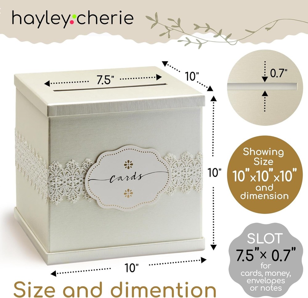 Ivory Wedding Card Box, Large 10x10 White Gift Holder, Envelope