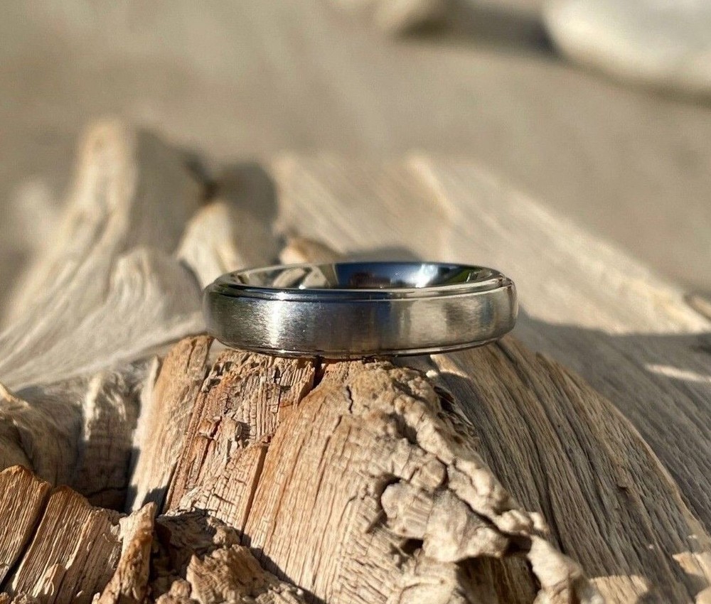 Low Dome Stepped Edge Titanium Band, 4mm Width, Brushed Polished Finish