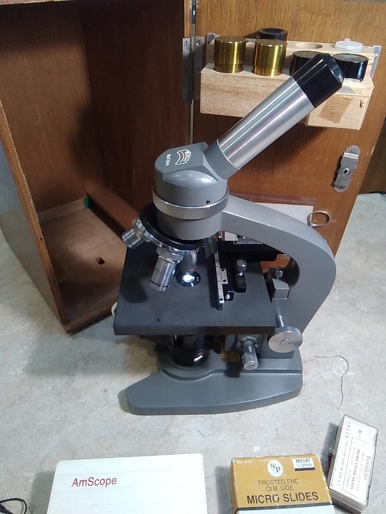 Compound Wesco Microscope With Extras with Wood Box Made By Wesco