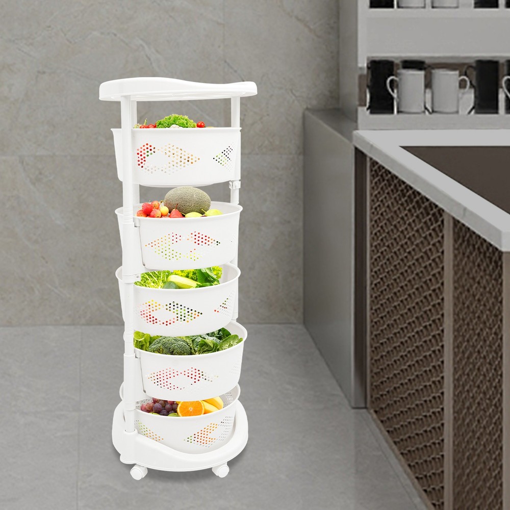 5-Tier Rotating Storage Shelf Kitchen Fruit Storage Basket Rack w/ Wheel
