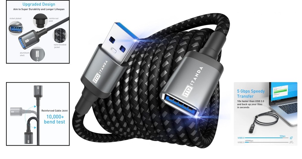 Versatile 10FT USB Extension Cable - Fast Transfer for Gaming, Printing & More