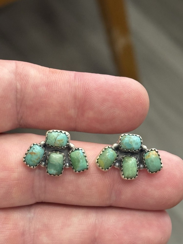 STERLING SILVER TURQUOISE 4 STONE HALF CLUSTER STUD POST EARRINGS .925