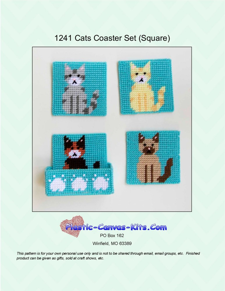Cat Square Coaster Set-Plastic Canvas Pattern or Kit