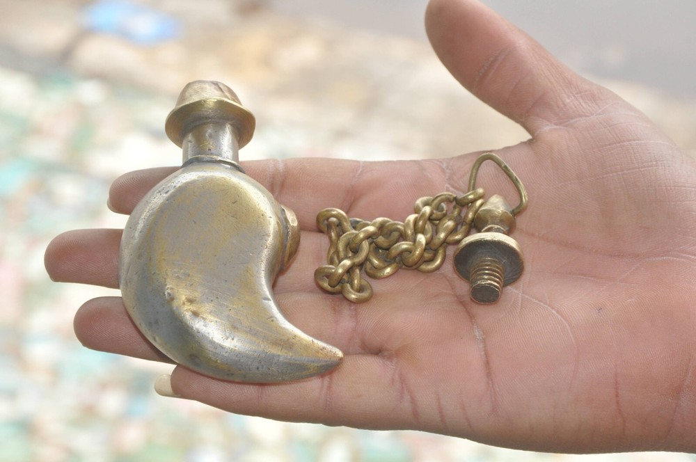 Vintage Brass Mango Shape Unique Handcrafted Powder Box With Chain