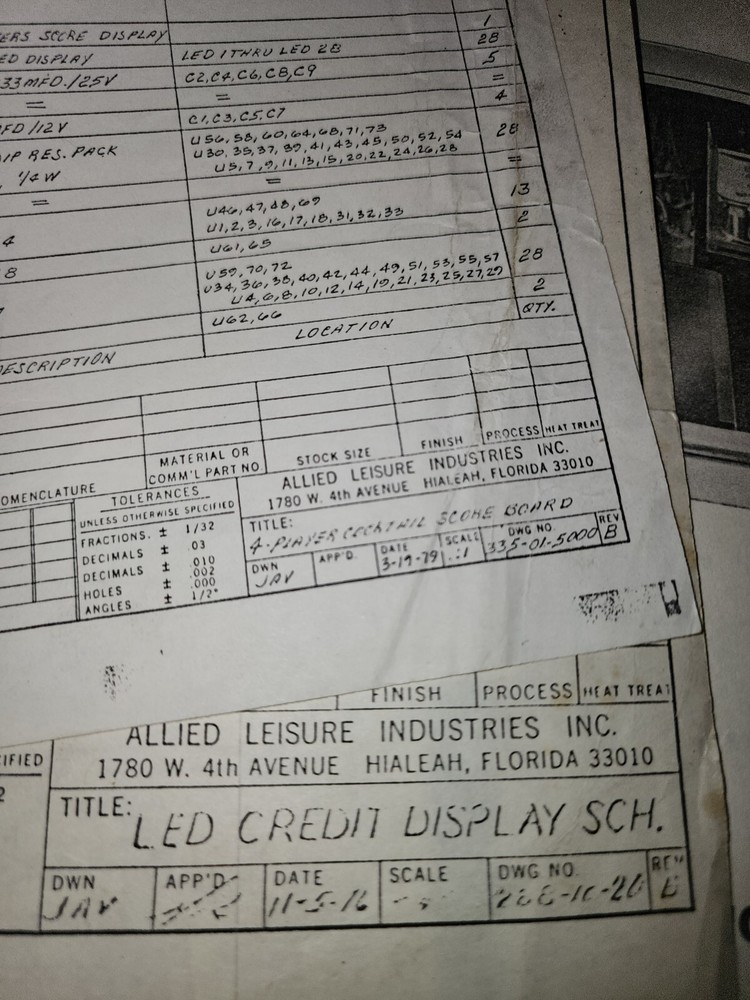 Disco 79 Pinball Schematics & Paperwork Allied Leisure