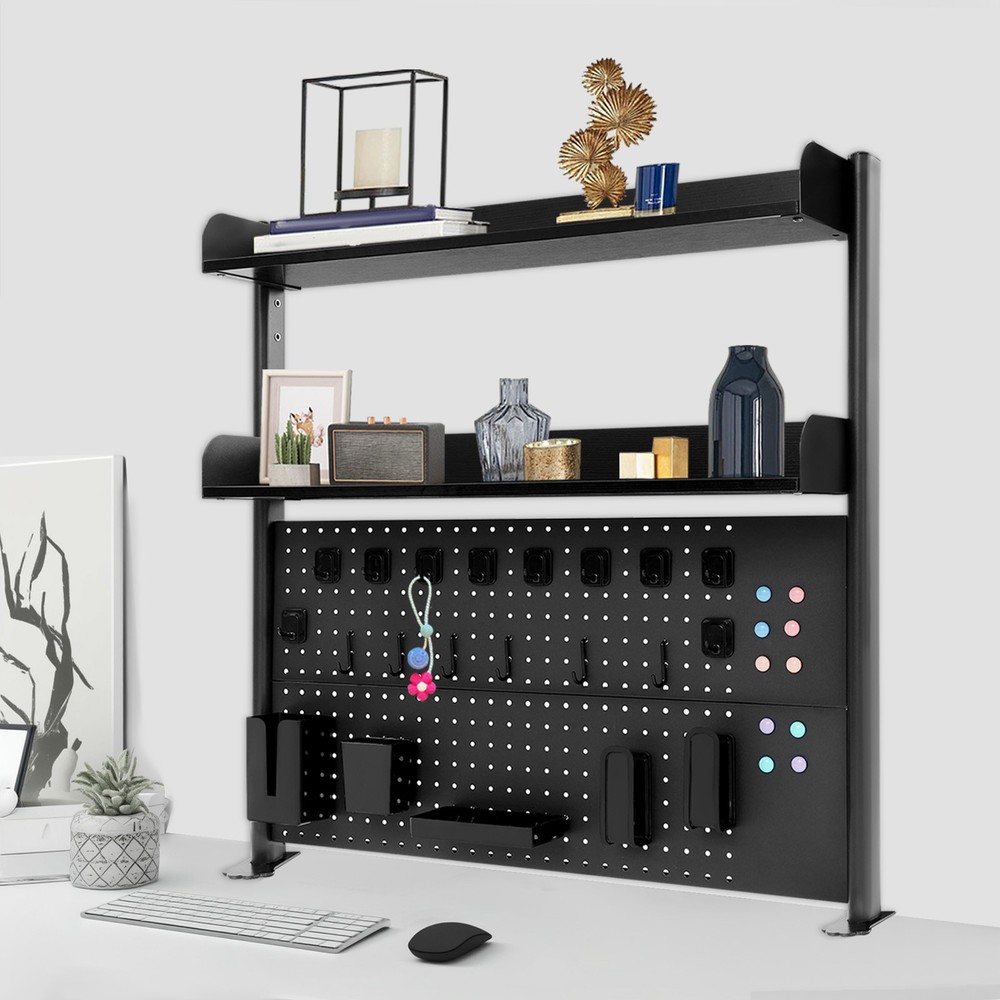 Premium Black Desktop Bookshelf with Adjustable Shelves & Pegboard Organizer