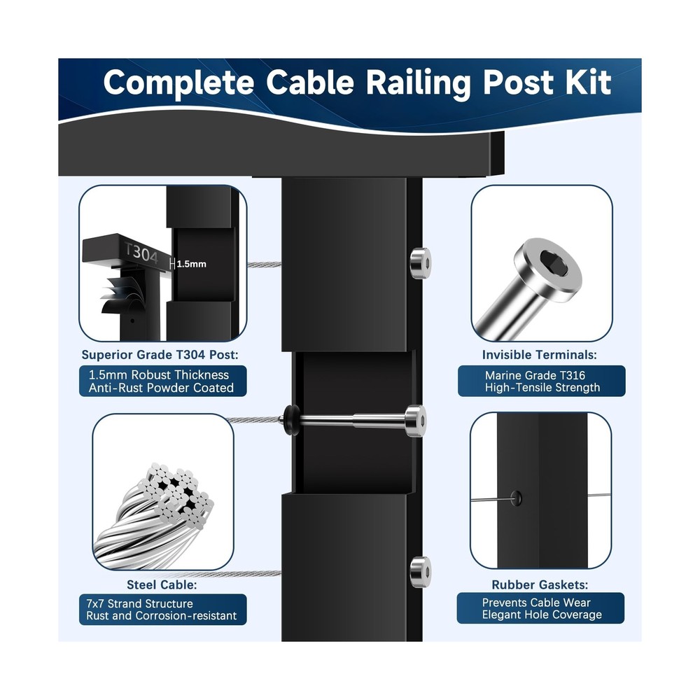 One-Stop Cable Railing Post Kit, 5 Pack Level Drilled Line Post 36", Fixed To...