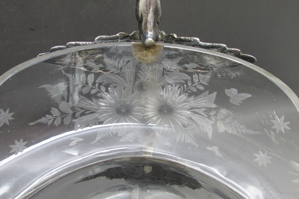 ANTIQUE LARGE SOLID SILVER & ETCHED GLASS TABLE CENTER PIECE 30CM 830g c1880