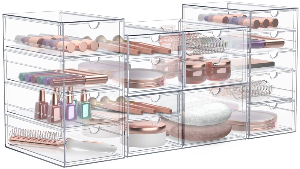 4-Piece Acrylic Makeup Organizer, 16 Drawer Stackable Storage Bins, Clear