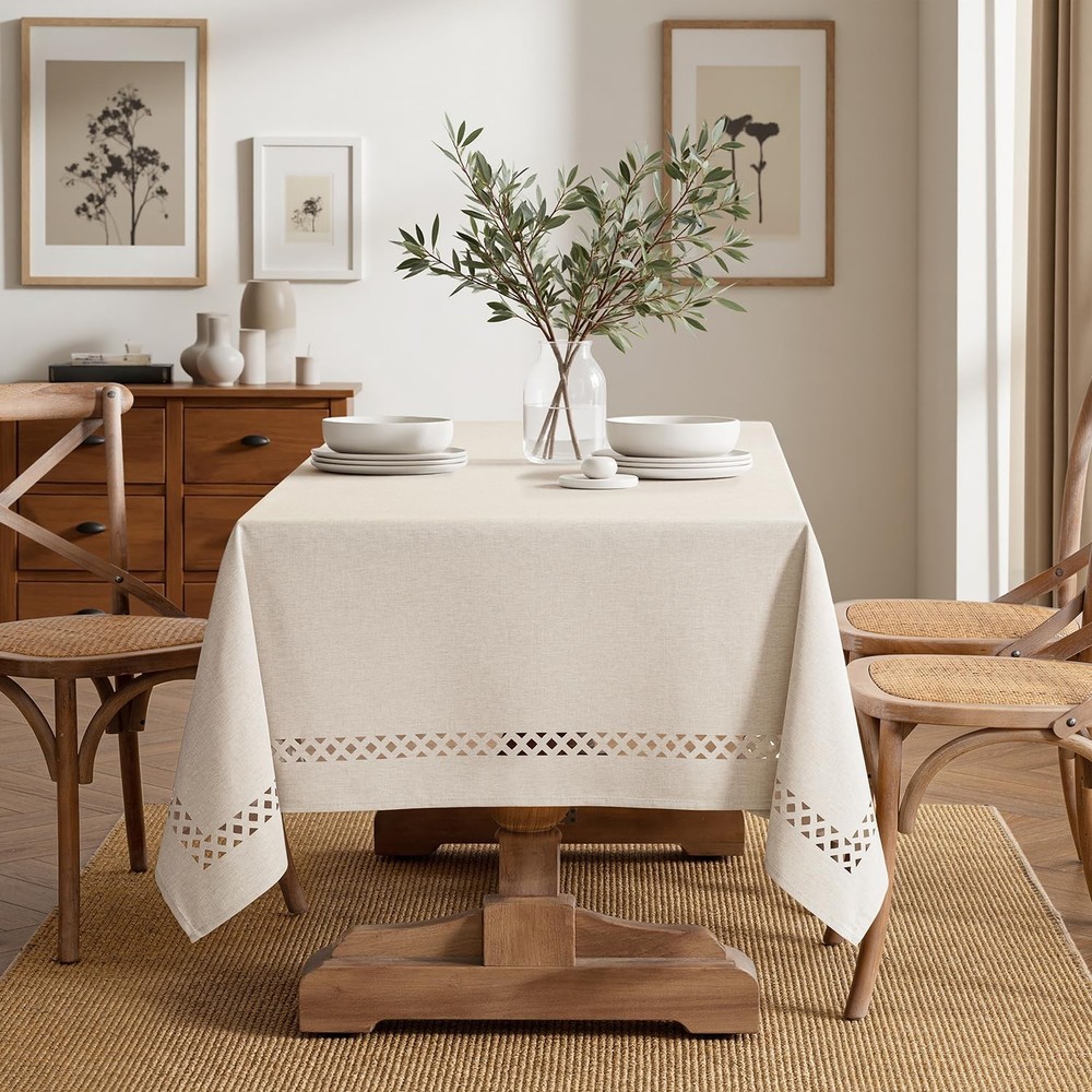 MIULEE Beige Rectangle Linen Polyester Tablecloth with Decorative Cutouts Spr...