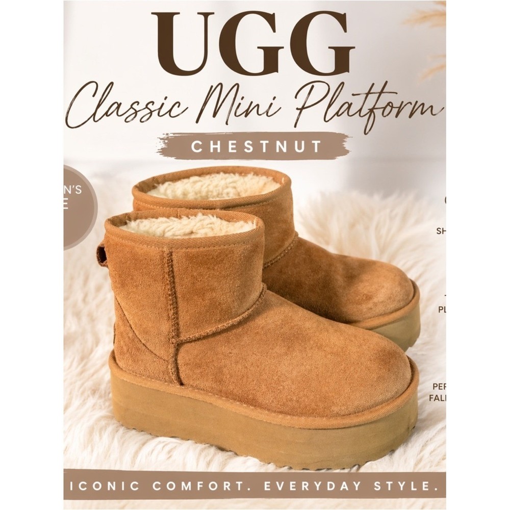 UGG Classic Mini Platform Boots Chestnut Size 5 Suede Shearling Lined