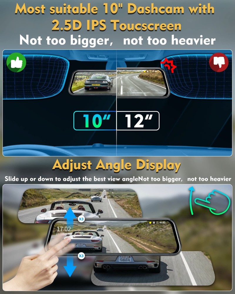 Dash Cam 1080P Front & Rear Camera Night Vision IPS Touchscreen Black 10" Mirror