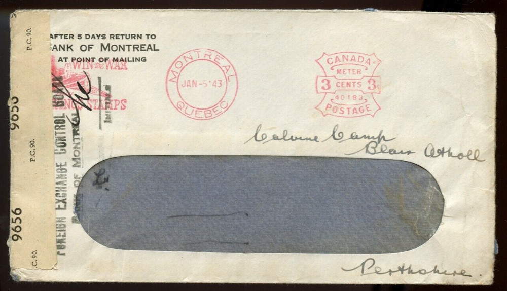 🍁Seldom seen meter cover to England Foreign Exchange Control + censor Canada