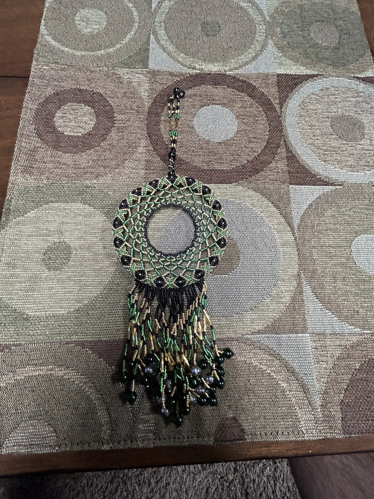 Hand Beaded Dream Catcher ( Gold, Black, & Green)