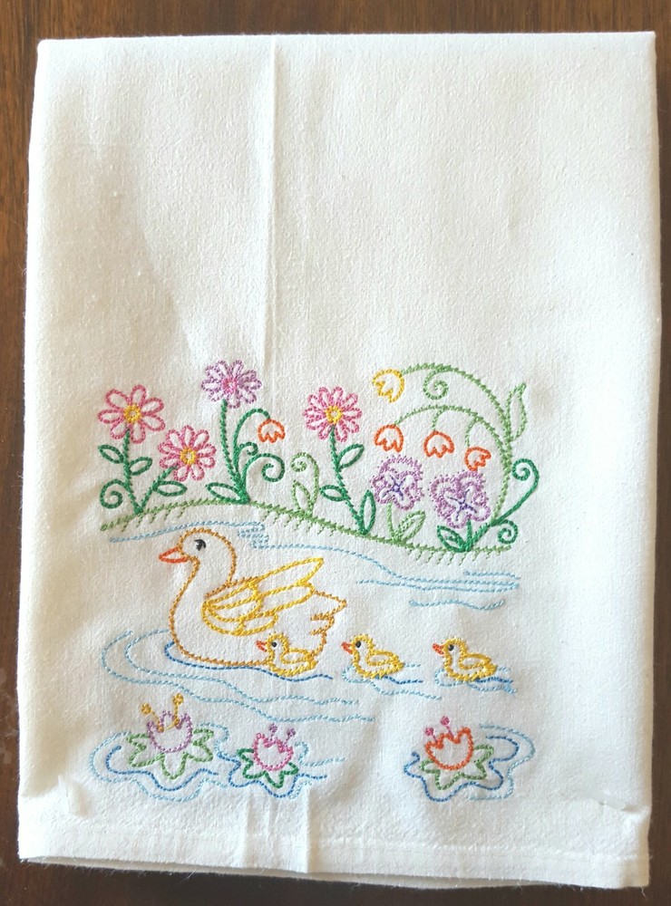 DUCKS IN A ROW PATTERN MACHINE EMBROIDERED FLOUR SACK DISH TOWEL