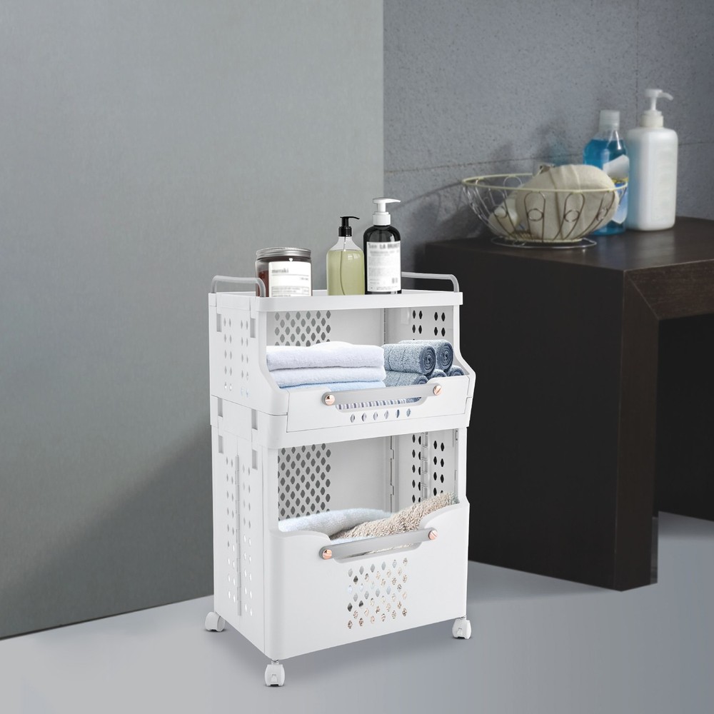 2-tier Movable Laundry Basket Laundry Hamper w/ Wheels Laundry Stackable Basket