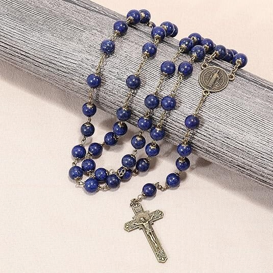 Natural Lapis Lazuli Stone Rosary Beads Necklace St. Benedict Cross and Medal