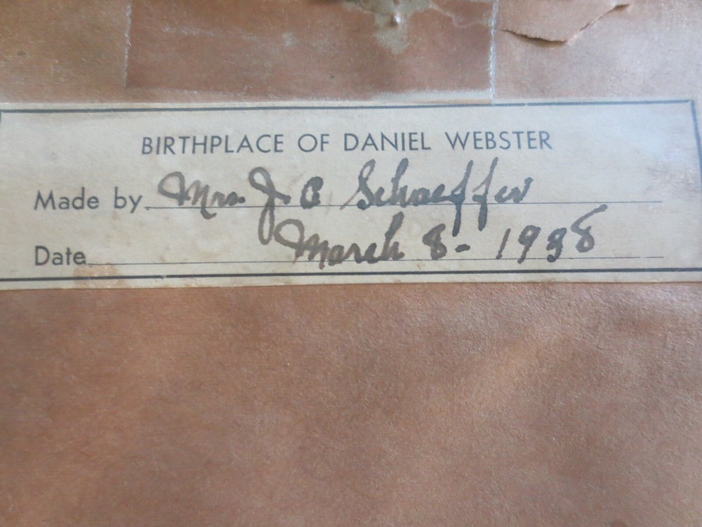 Signed/Dated 1938 DANIEL WEBSTER BIRTHPLACE Needlepoint WALL HANGING-9.5"x 11.5"