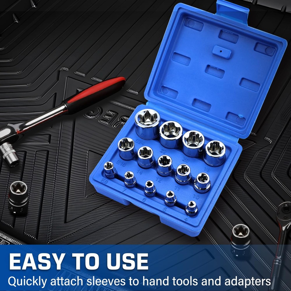 14-Piece Female E-Torx Socket Set, E4-E24 External Star Sockets, 1/4" 3/8" 1/...