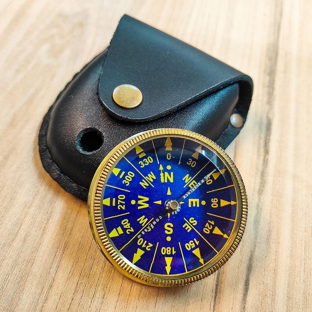Maritime Treasures Brass Pocket Compass Navigation tool with Leather Case