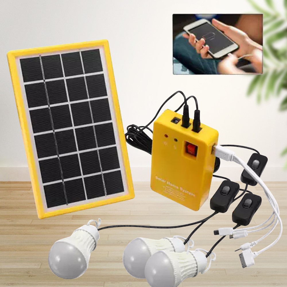 5V Solar Power Panel Generator Kit USB Charger Home System 3×LED Bulbs LightOl