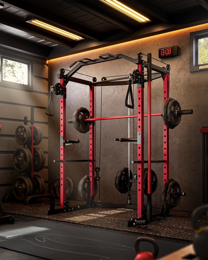 Power Cage Multi-Function Squat Rack for Home Gym w/Pulley Cable System ,Dip Bar