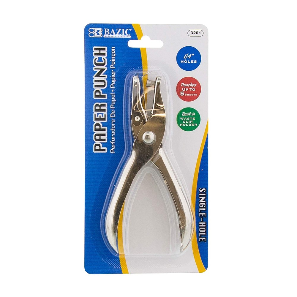 BAZIC Single Hole Paper Punch 1-Pack, Silver