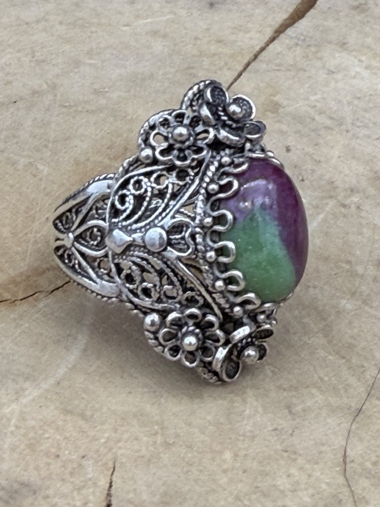 Sterling Silver Ruby Zoisite Filigree Ornate Ring Size 8 Turkey Signed DGS