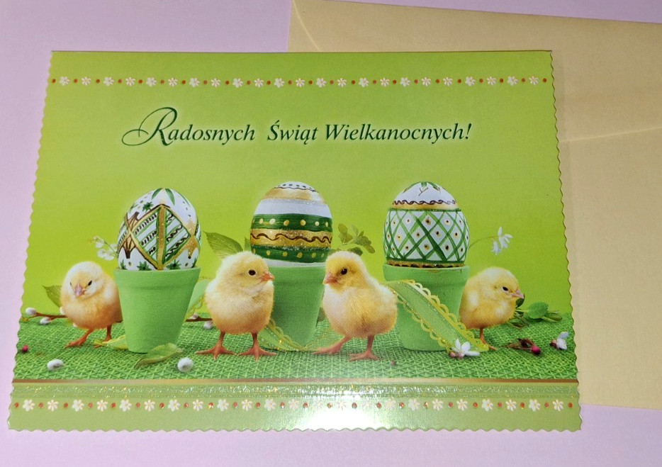 Vintage Polish Easter Card Chicks Eggs In Cups New With Envelope