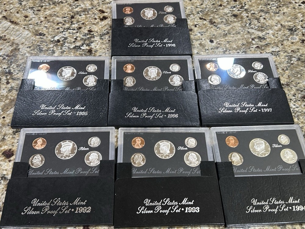 1992-1998 SILVER PROOF SET-COMPLETE RUN-90 % SILVER..7 Silver Sets..