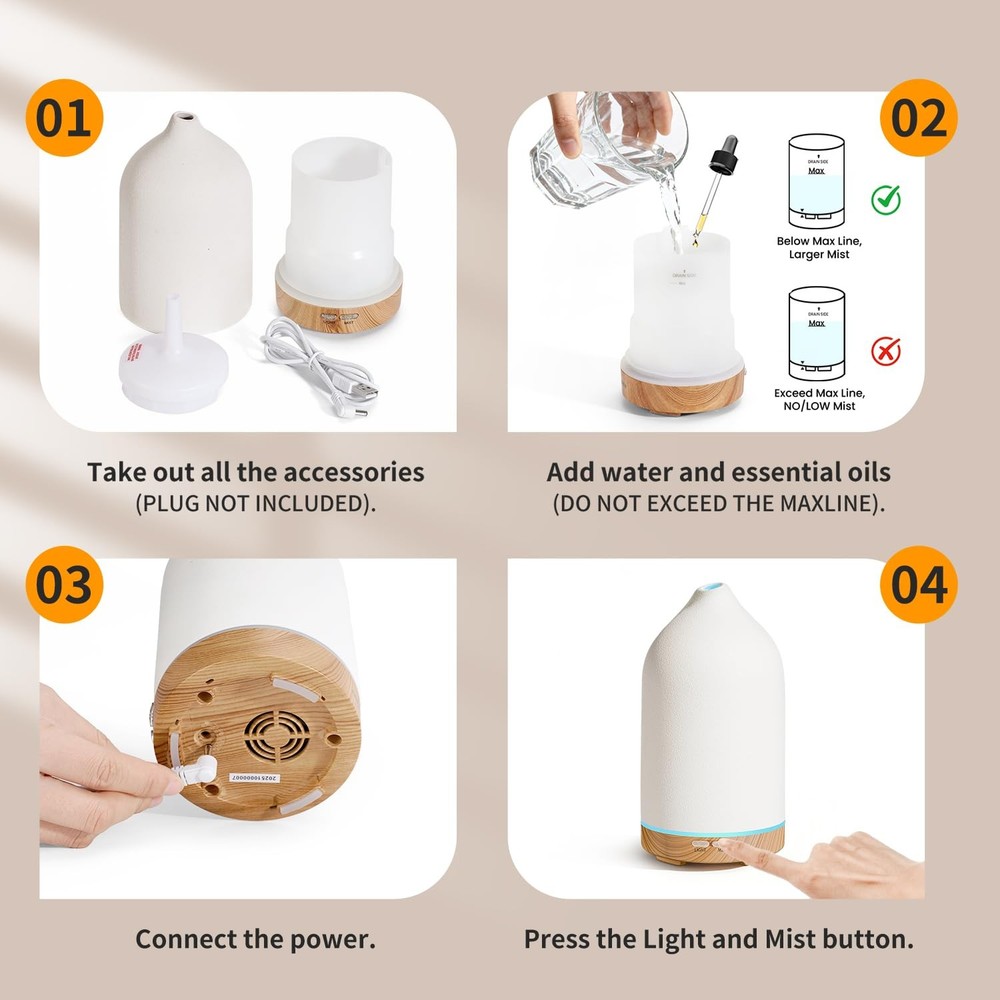 URPOWER 120ML Ceramic Essential Oil Diffuser, 120mL/Medium, White