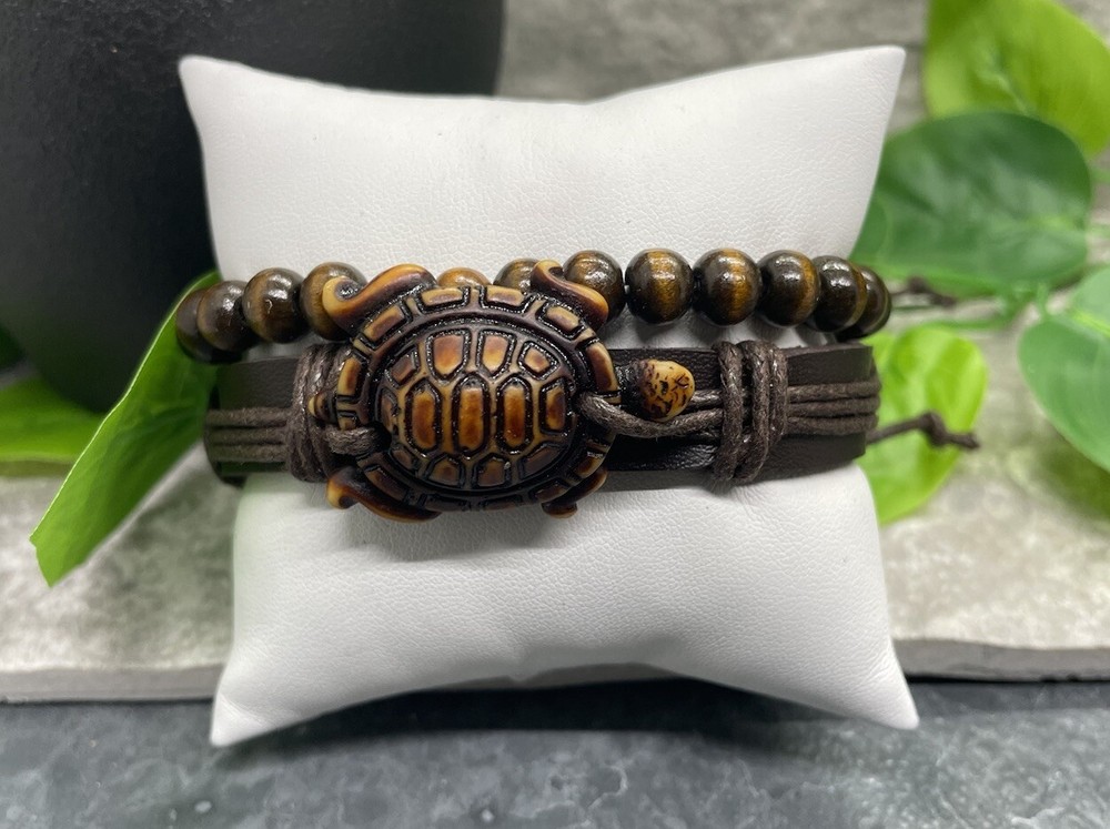 2 PC Leather Bracelet Wood Bead Stackable Adjustable Tie Free Ship B2898