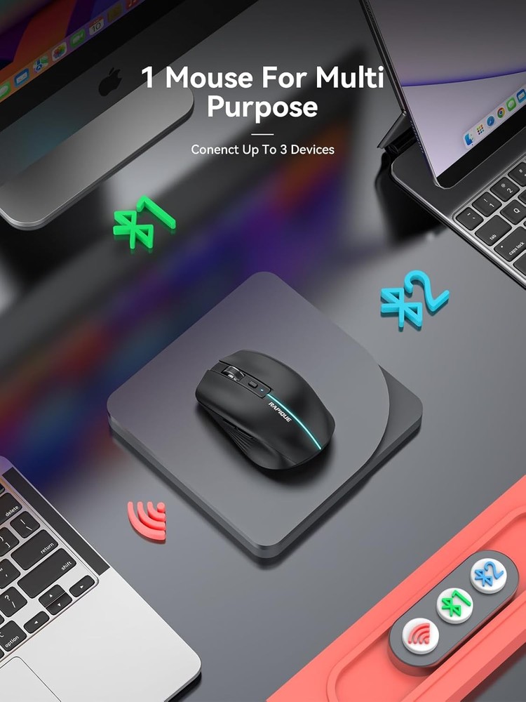 RAPIQUE Bluetooth Wireless Mouse - (BT1/BT2+USB) Tri-Mode High Black