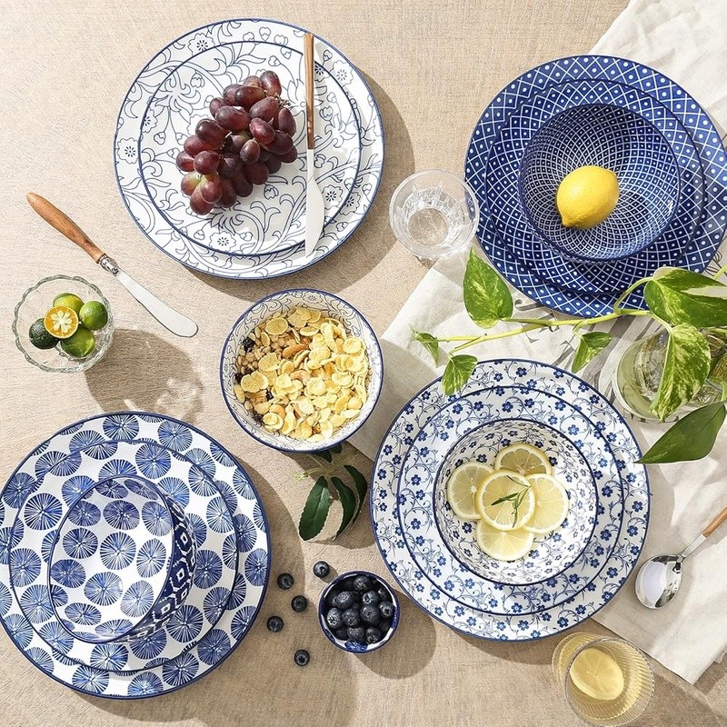 12 Piece Dinnerware Set Ceramic Plates Bowls Stackable Dishwasher Safe Floral US