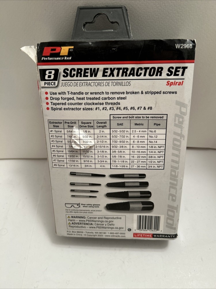 Performance Tool W2968 8 Piece Screw Extractor Set, New