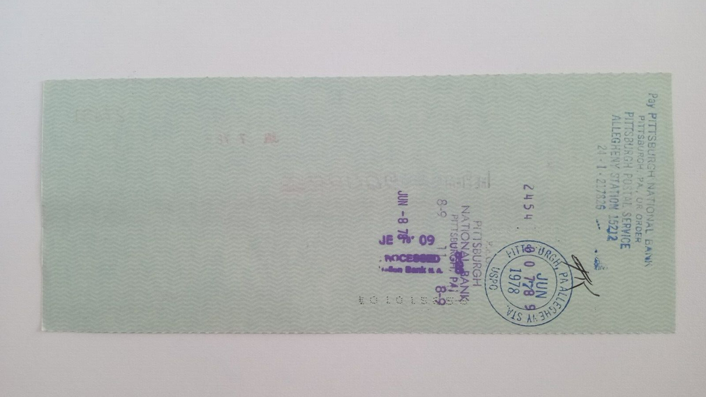Postmaster Pittsburgh, Pa.: 1978 Pittsburgh Pirates Expense Check