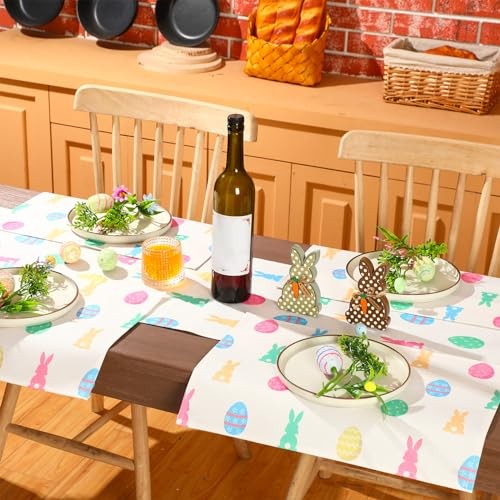 Mindsoft 7 Pcs Easter Buffalo Bunny Rabbit Table Runner and Placemat Bunny Egg