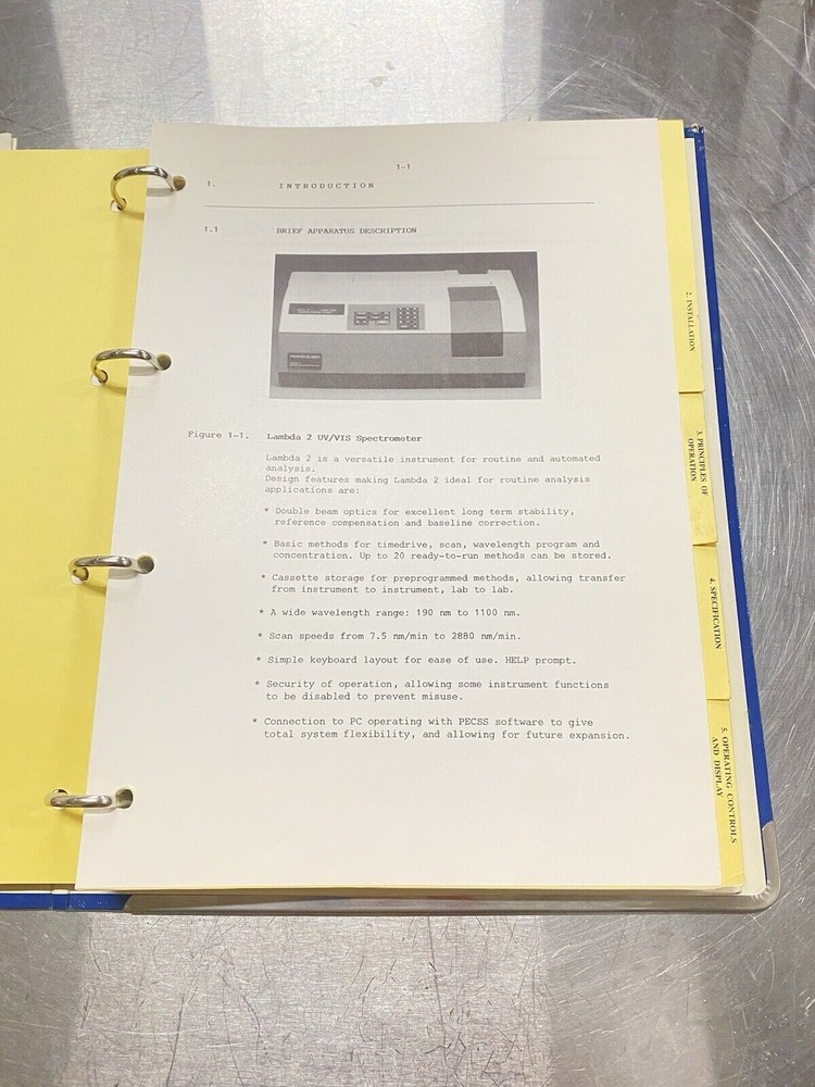 Perkin Elmer PE Lambda 2 UV/VIS Spectrometer - Instructions Manual / Users Guide