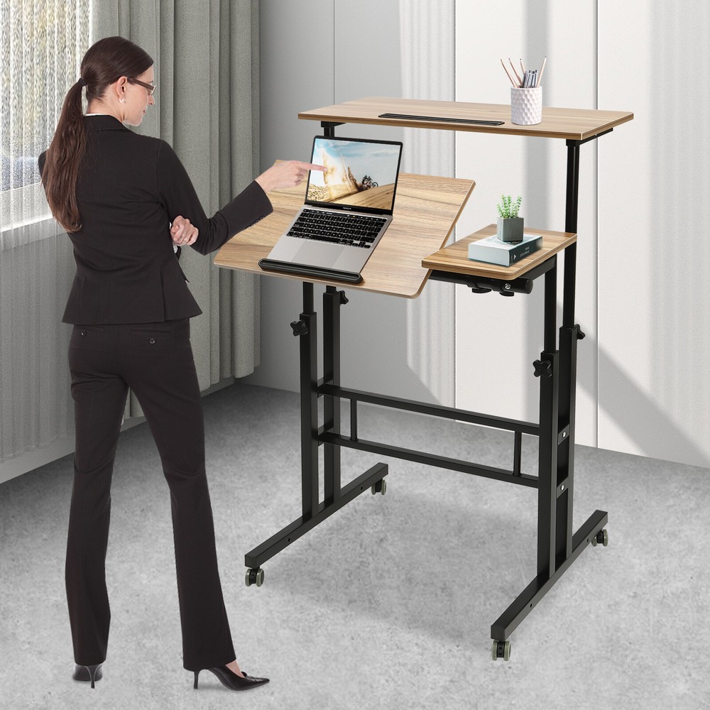 Rolling Laptop Desk Adjustable Height Computer Table Stand up Office Workstation